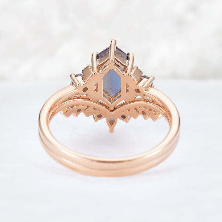 Cluster Hexagon Cut Alexandrite Seven Stone Gemstone Ring Set 2pcs