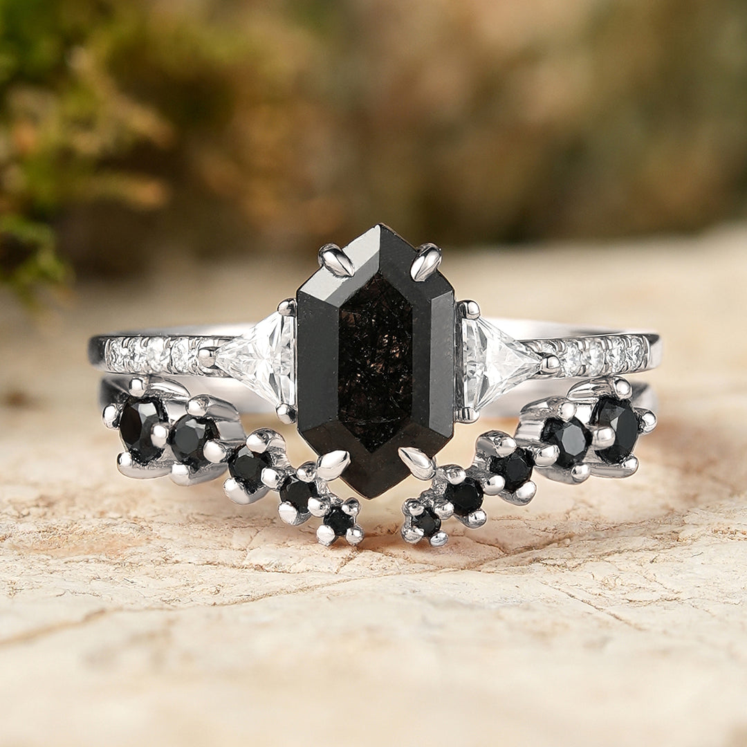 Cluster Hexagon Cut Black Rutilated Quartz Half  Enternity Ring Set 2pcs