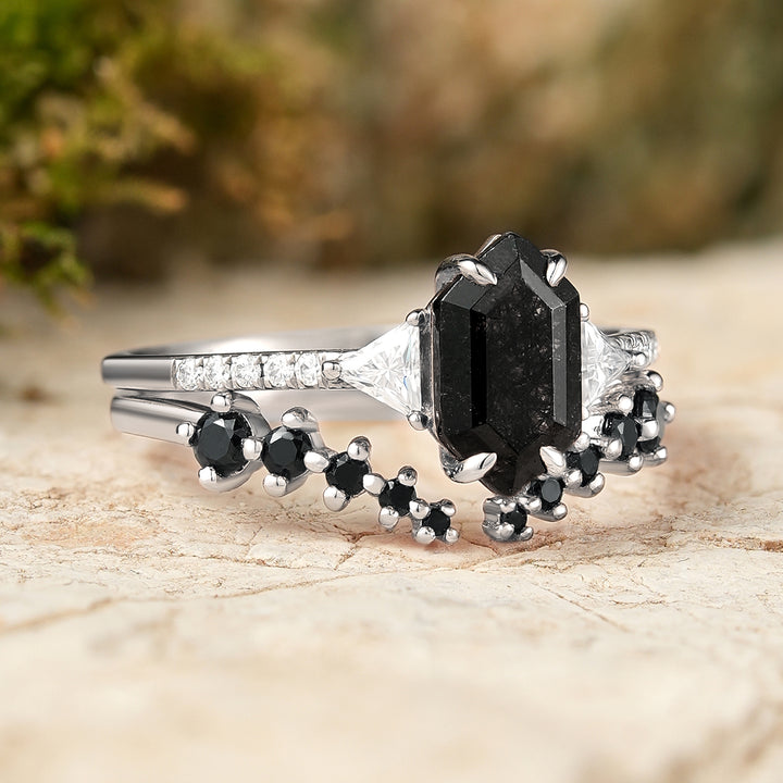 Cluster Hexagon Cut Black Rutilated Quartz Half  Enternity Ring Set 2pcs