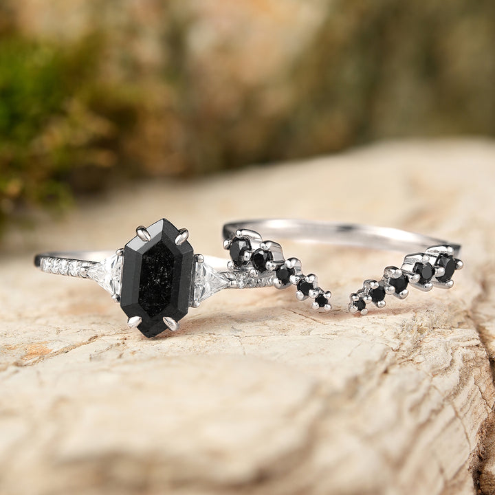 Cluster Hexagon Cut Black Rutilated Quartz Half  Enternity Ring Set 2pcs