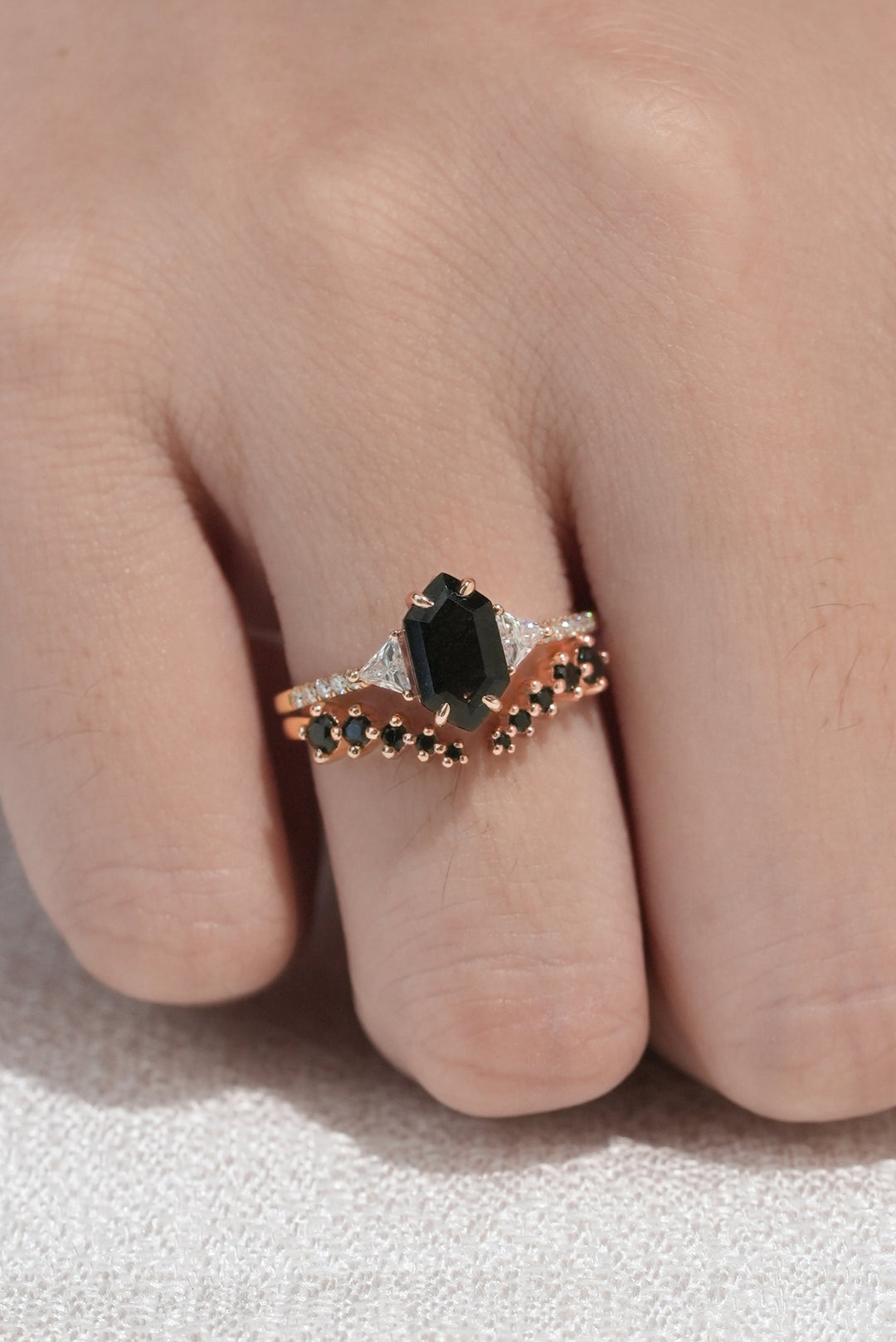 Cluster Hexagon Cut Black Rutilated Quartz Half  Enternity Ring Set 2pcs