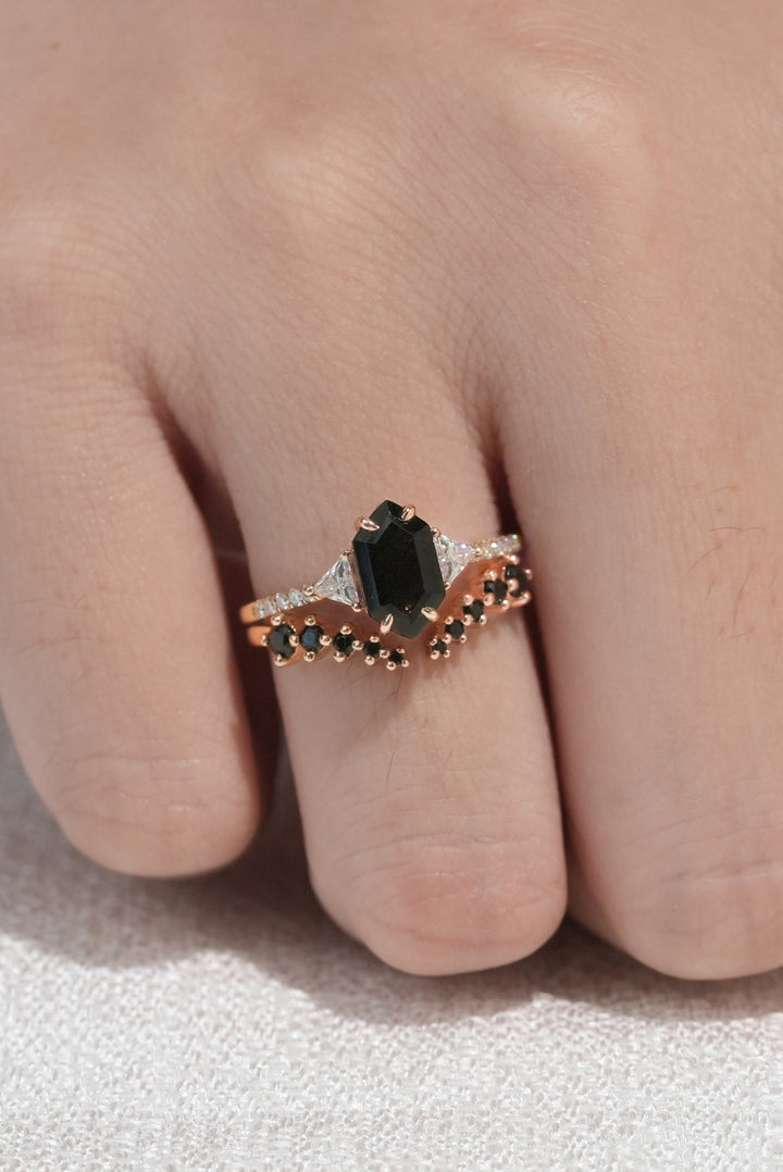 Cluster Hexagon Cut Black Rutilated Quartz Half  Enternity Ring Set 2pcs