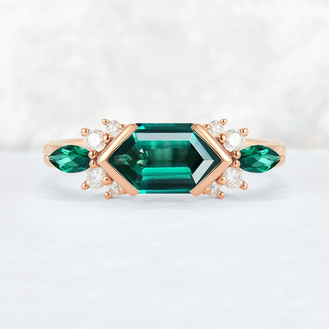 Cluster Hexagon Cut Emerald Bezel 14K Yellow Gold  Gemstone Ring