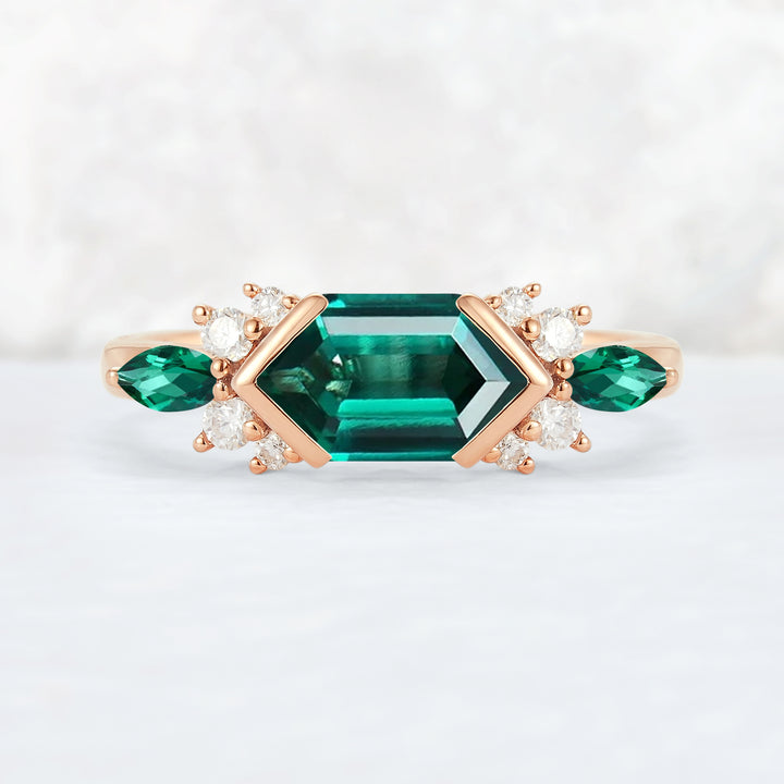 Cluster Hexagon Cut Emerald Bezel 14K Yellow Gold  Gemstone Ring
