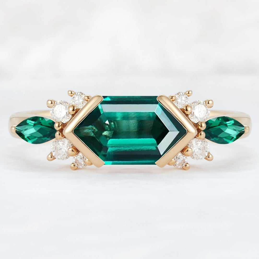 Cluster Hexagon Cut Emerald Bezel 14K Yellow Gold  Engagement Ring