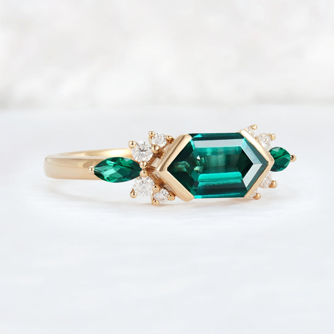 Cluster Hexagon Cut Emerald Bezel 14K Yellow Gold  Engagement Ring