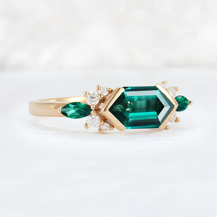 Cluster Hexagon Cut Emerald Bezel 14K Yellow Gold  Engagement Ring