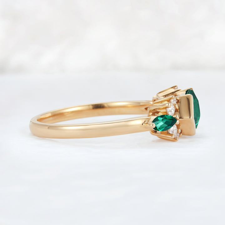 Cluster Hexagon Cut Emerald Bezel 14K Yellow Gold  Engagement Ring - Iver Jewelry