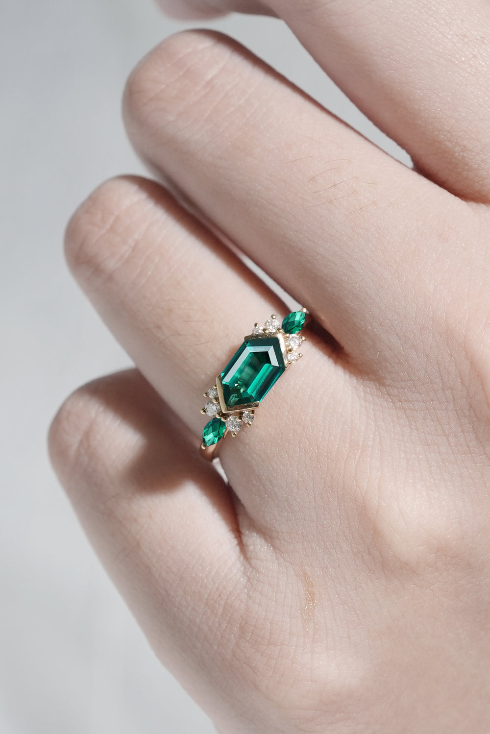 Cluster Hexagon Cut Emerald Bezel 14K Yellow Gold  Engagement Ring