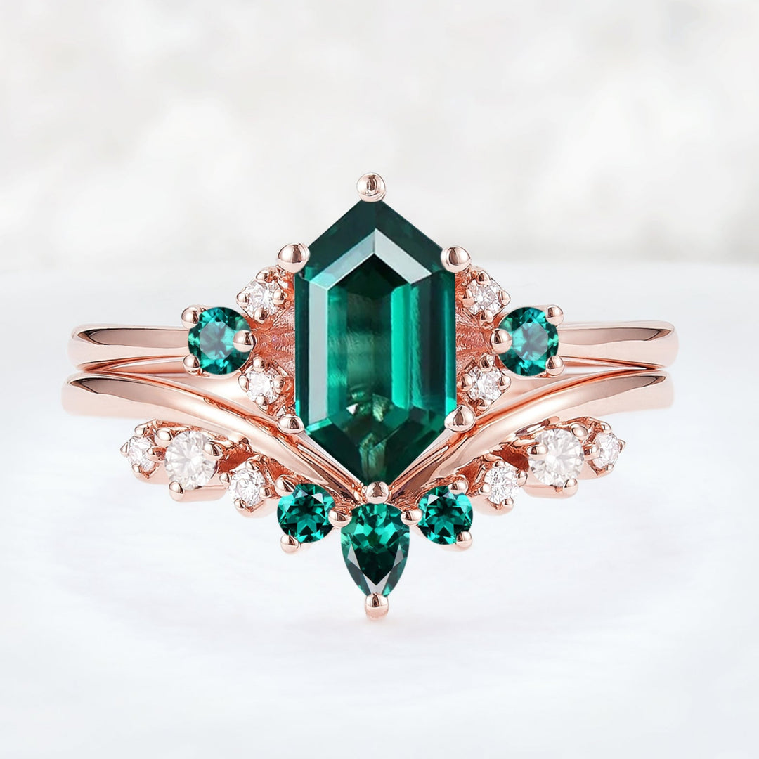 Cluster Hexagon Cut Emerald Seven Stone Ring Set 2pcs