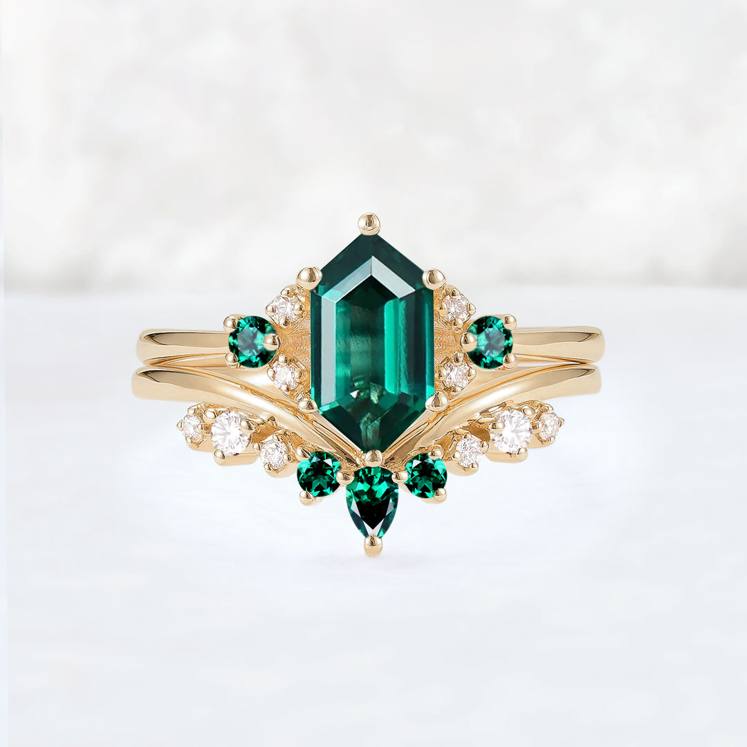 Cluster Hexagon Cut Emerald Seven Stone Ring Set 2pcs