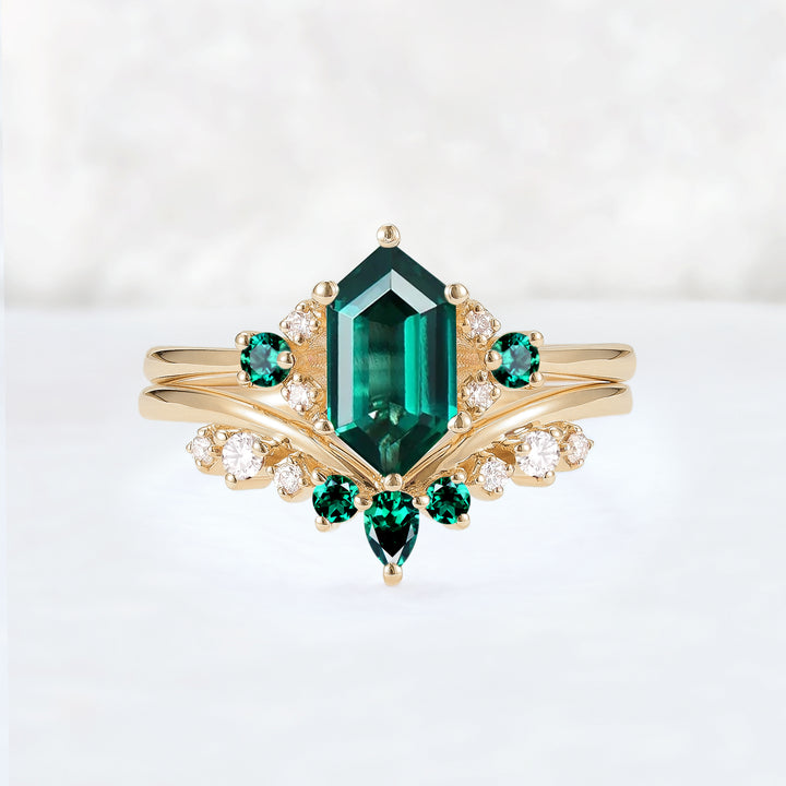 Cluster Hexagon Cut Emerald Seven Stone Ring Set 2pcs