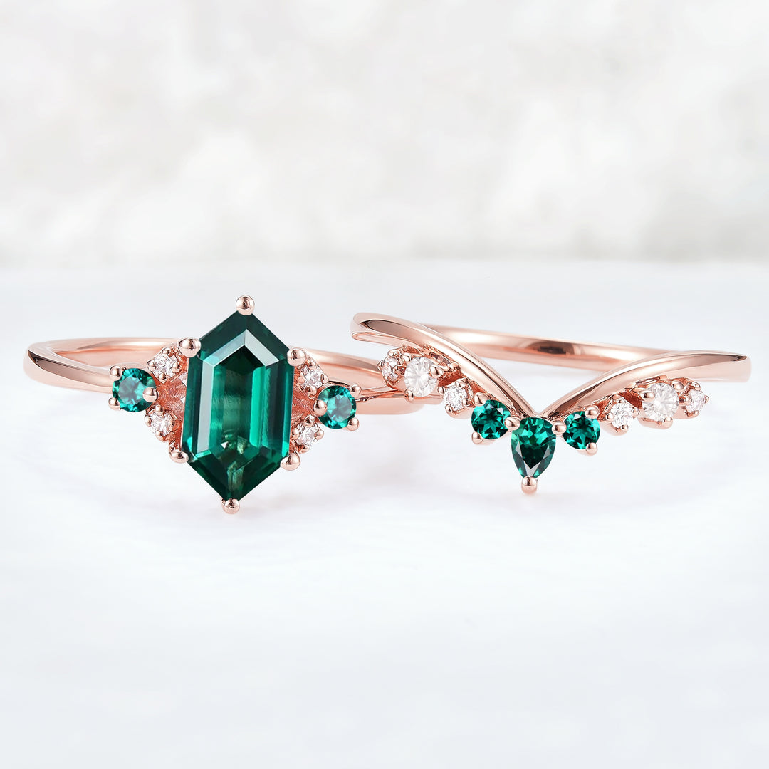 Cluster Hexagon Cut Emerald Seven Stone Ring Set 2pcs