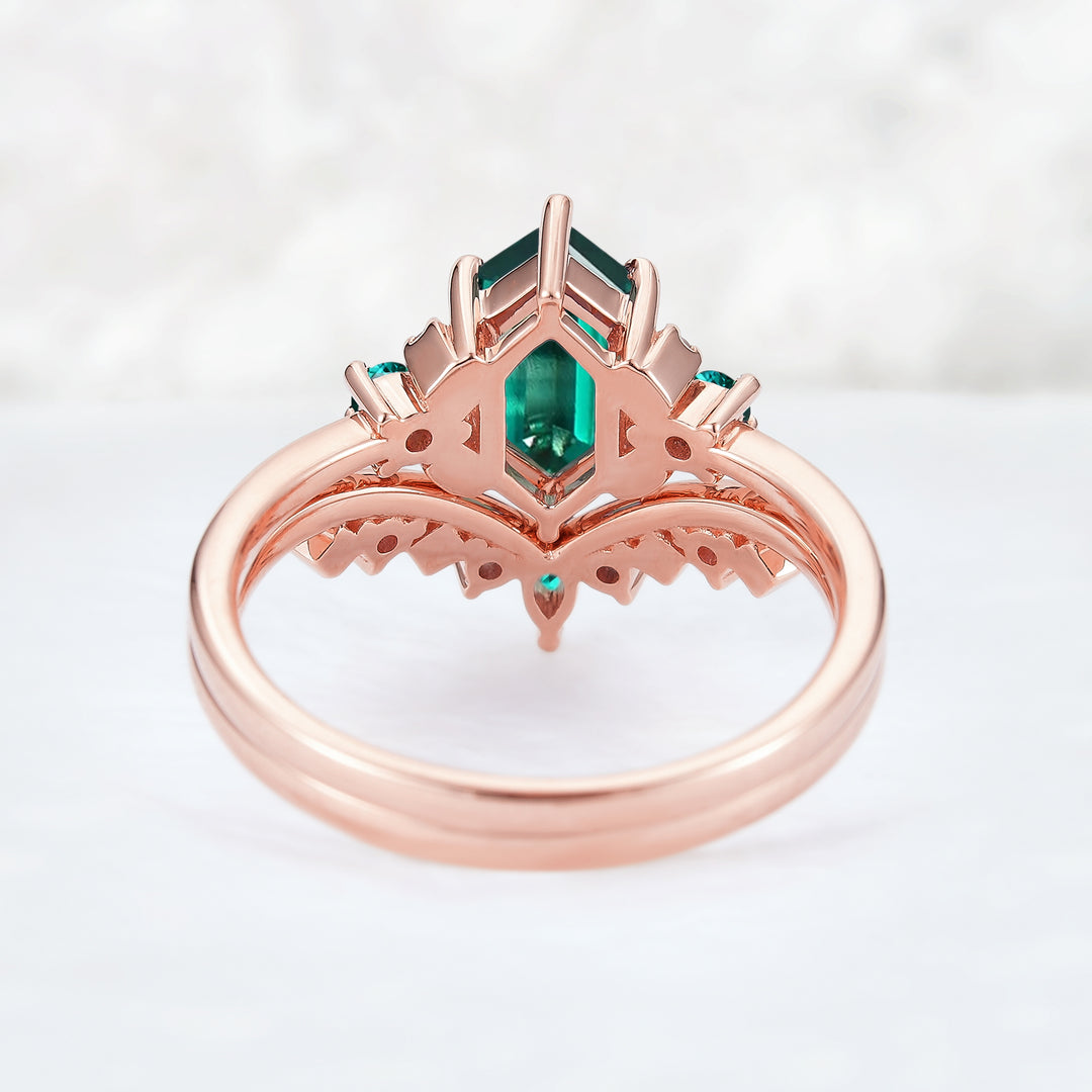 Cluster Hexagon Cut Emerald Seven Stone Ring Set 2pcs
