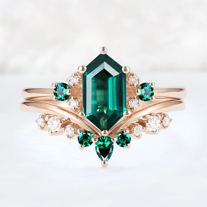 Cluster Hexagon Cut Emerald Seven Stone Ring Set 2pcs