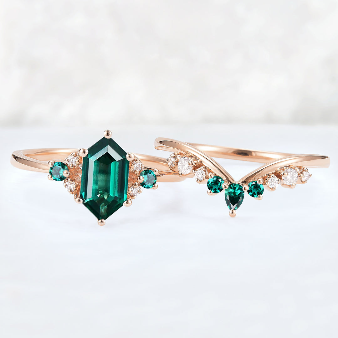 Cluster Hexagon Cut Emerald Seven Stone Ring Set 2pcs