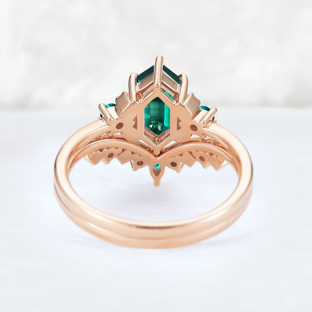 Cluster Hexagon Cut Emerald Seven Stone Ring Set 2pcs