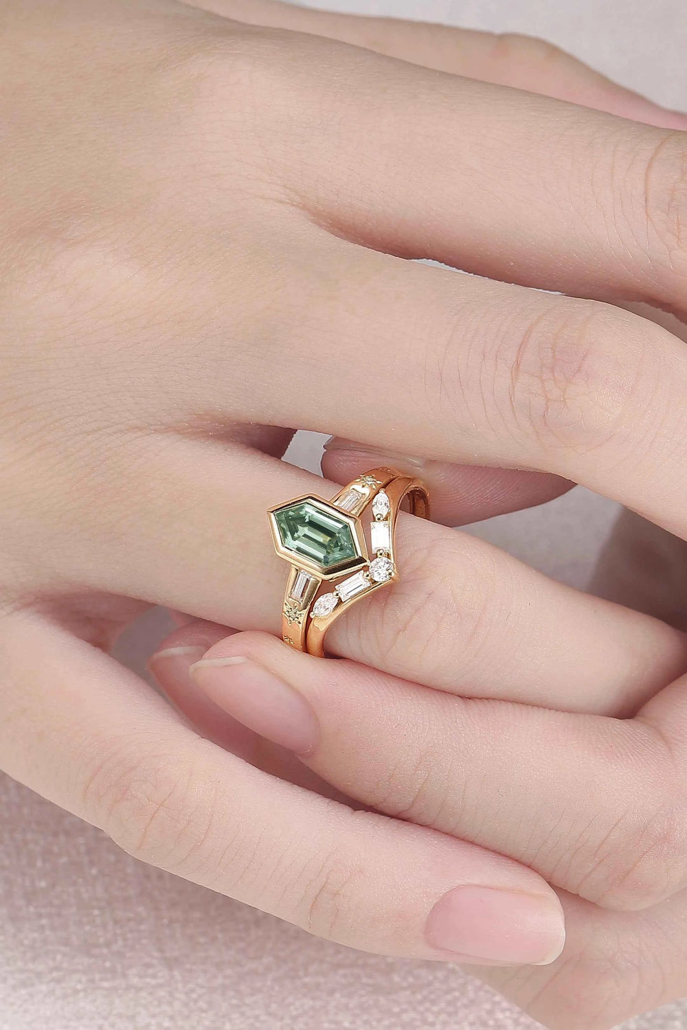 Cluster Hexagon Cut Green Sapphire Seven Gemstone Ring