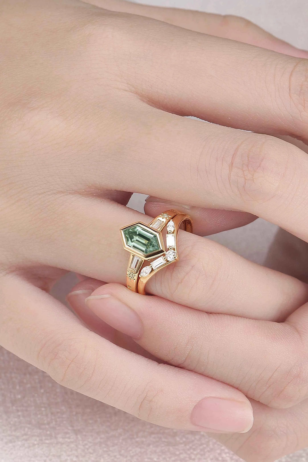 Cluster Hexagon Cut Green Sapphire Seven Gemstone Ring