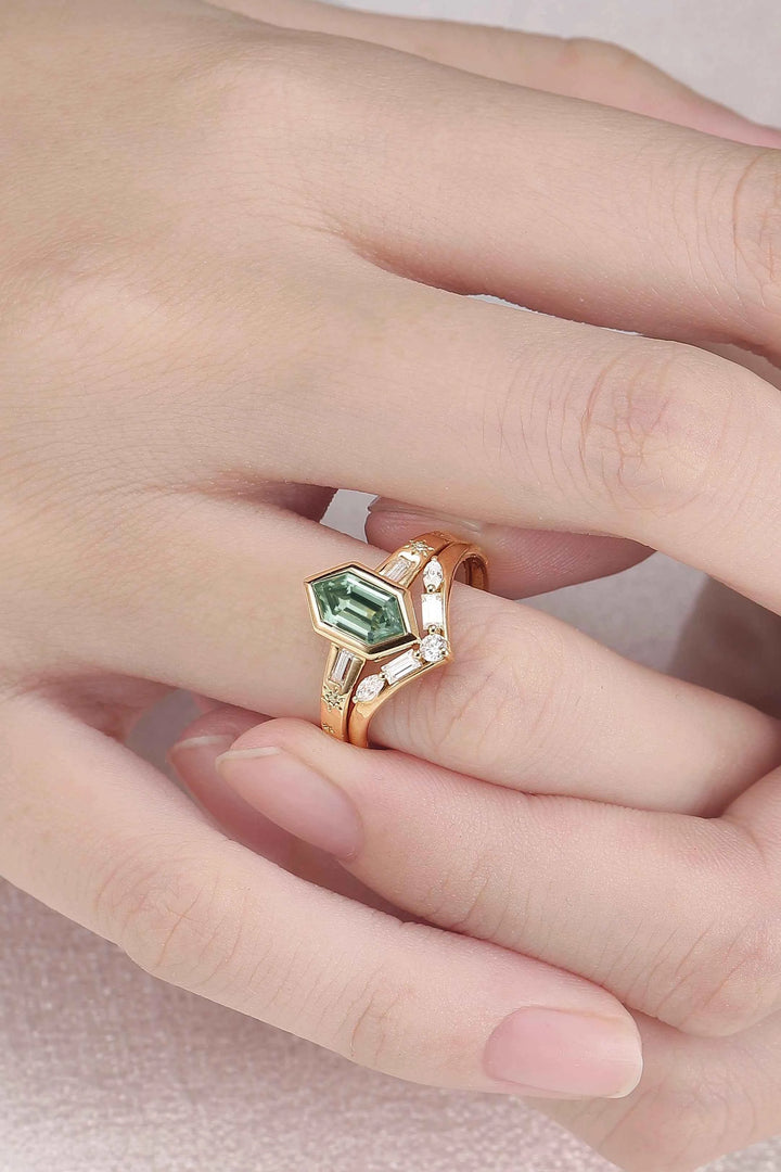 Cluster Hexagon Cut Green Sapphire Seven Gemstone Ring
