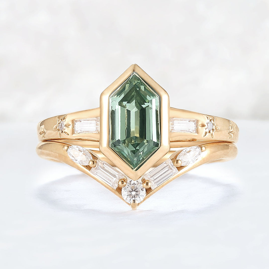 Cluster Hexagon Cut Green Sapphire Gemstone Ring Set 2pcs