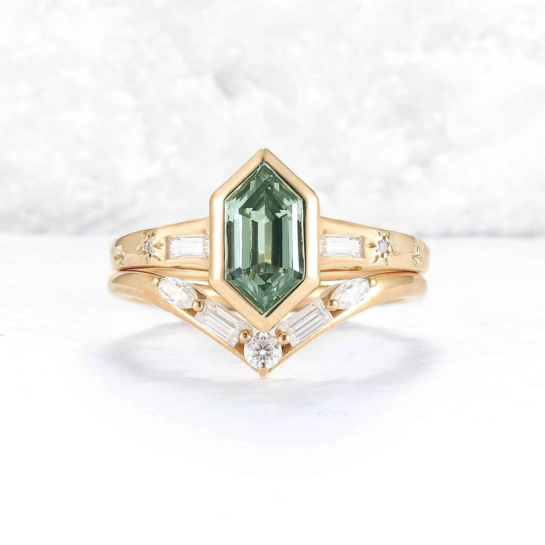 Cluster Hexagon Cut Green Sapphire Seven Gemstone Ring