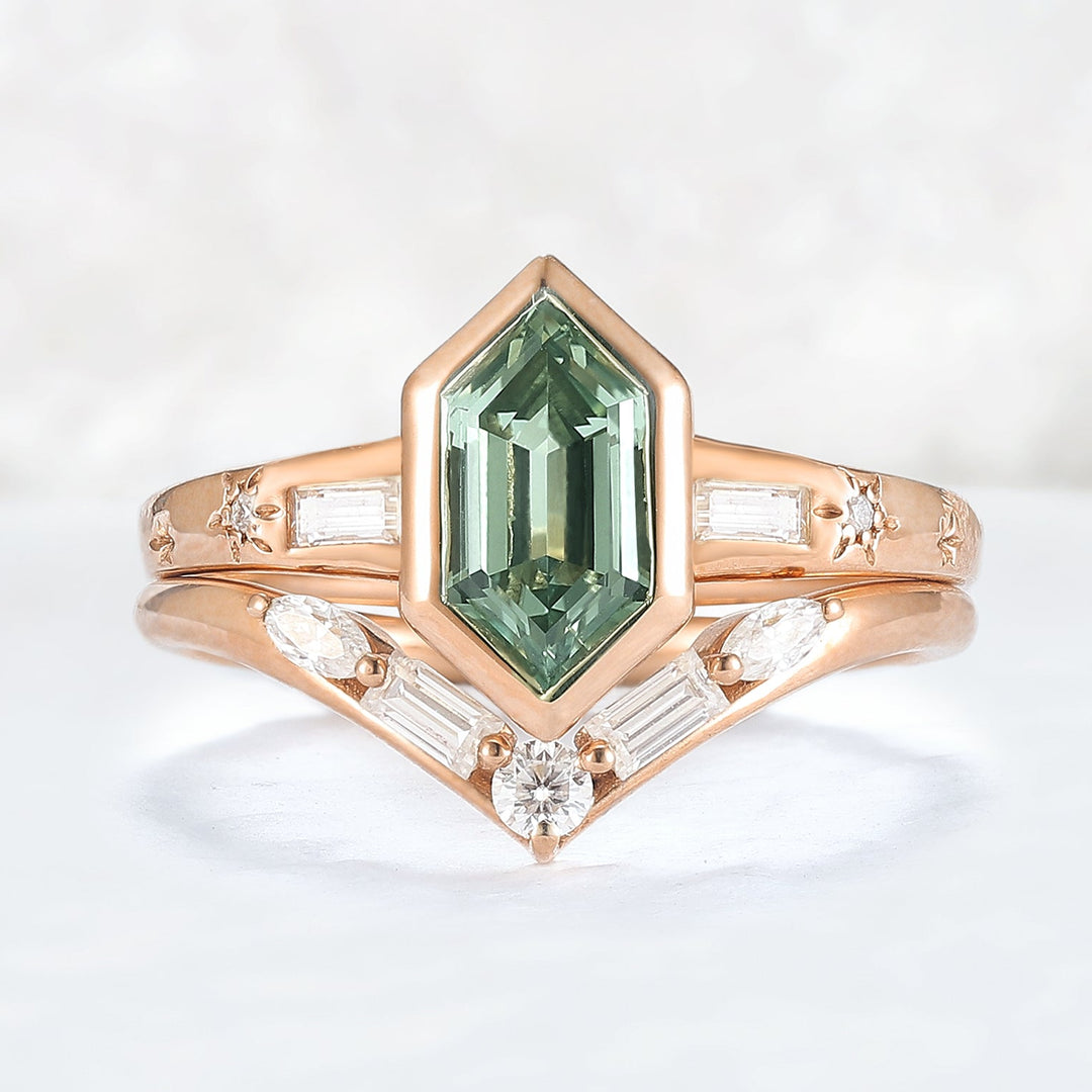 Cluster Hexagon Cut Green Sapphire Gemstone Ring Set 2pcs