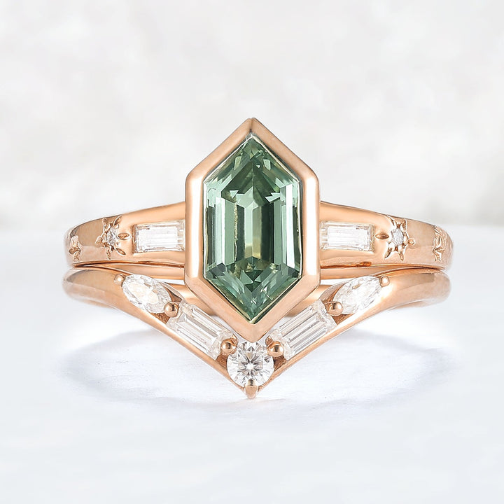 Cluster Hexagon Cut Green Sapphire Gemstone Ring Set 2pcs