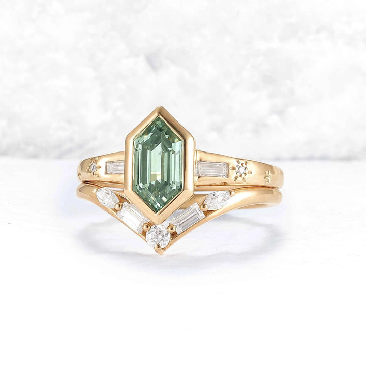 Cluster Hexagon Cut Green Sapphire Seven Gemstone Ring