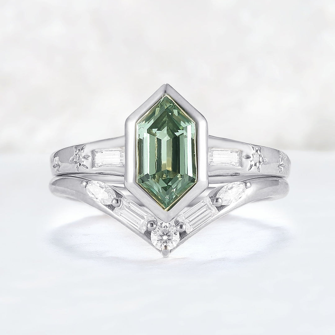 Cluster Hexagon Cut Green Sapphire Gemstone Ring Set 2pcs