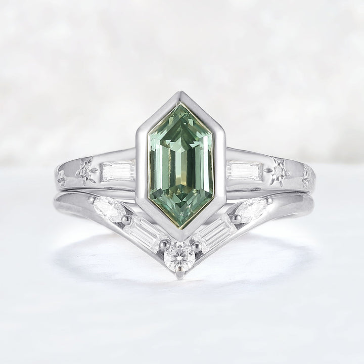 Cluster Hexagon Cut Green Sapphire Gemstone Ring Set 2pcs