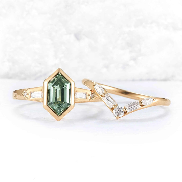 Cluster Hexagon Cut Green Sapphire Seven Gemstone Ring