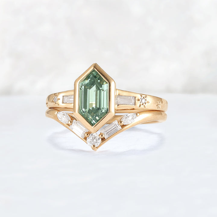 Cluster Hexagon Cut Green Sapphire Gemstone Ring Set 2pcs