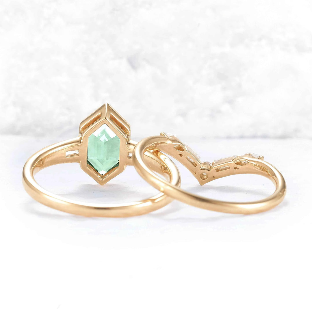 Cluster Hexagon Cut Green Sapphire Seven Gemstone Ring