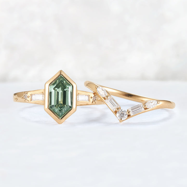 Cluster Hexagon Cut Green Sapphire Gemstone Ring Set 2pcs