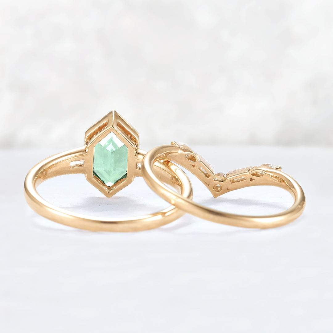 Cluster Hexagon Cut Green Sapphire Gemstone Ring Set 2pcs