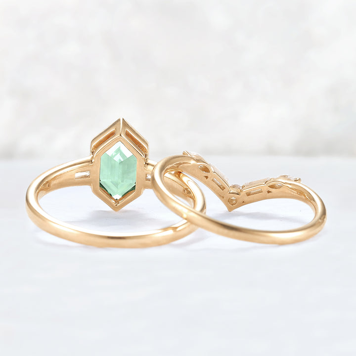 Cluster Hexagon Cut Green Sapphire Gemstone Ring Set 2pcs