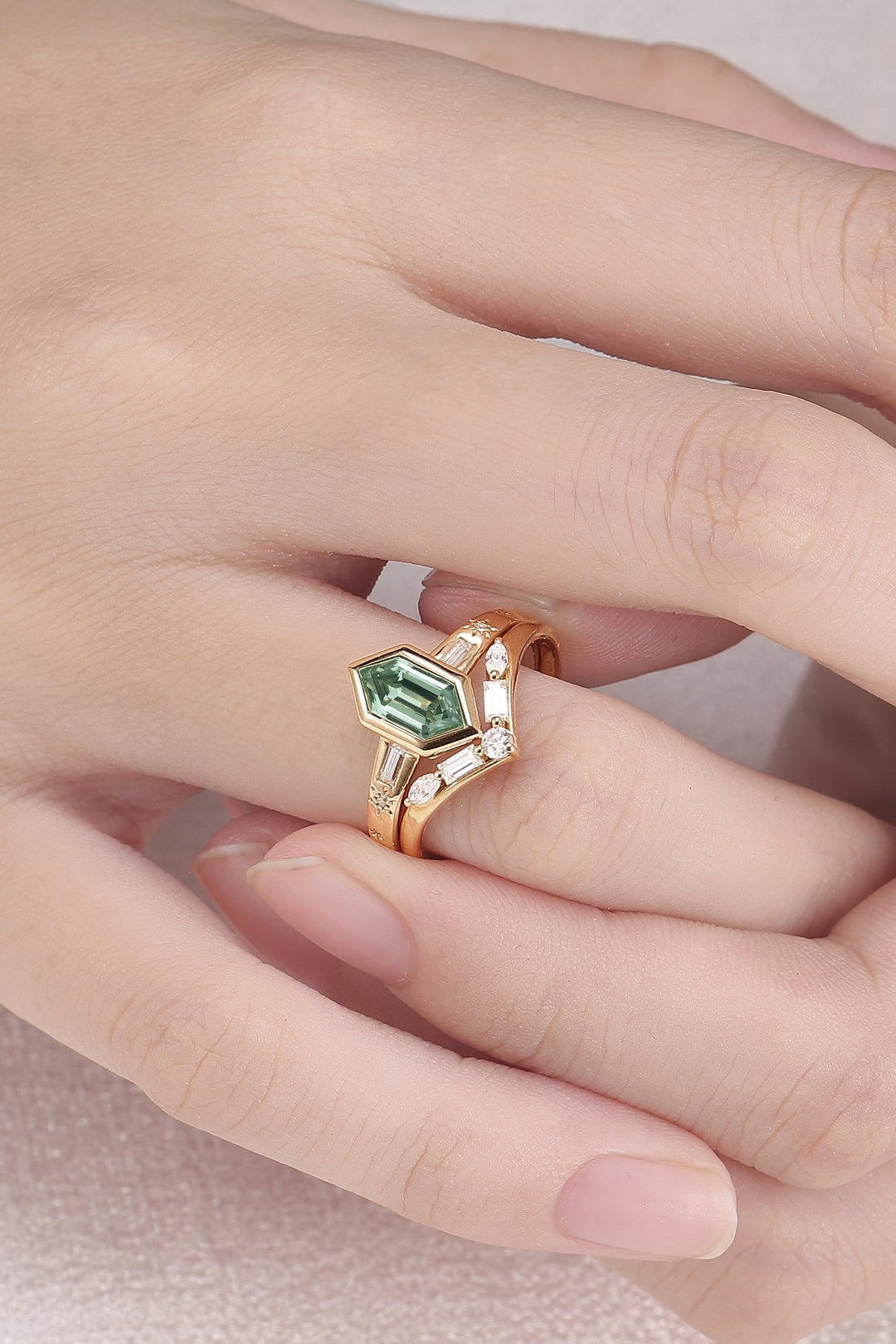 Cluster Hexagon Cut Green Sapphire Gemstone Ring Set 2pcs