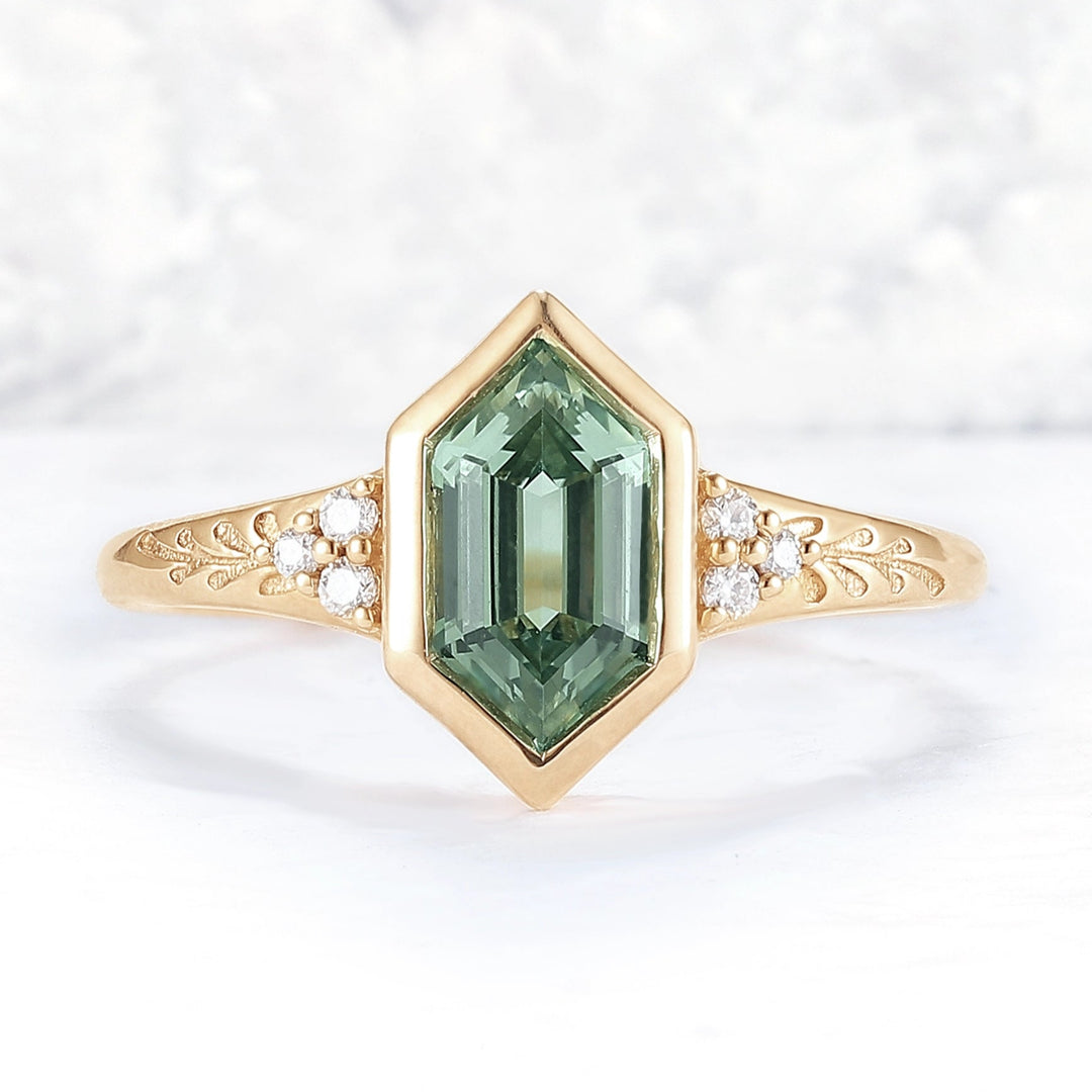 Cluster Hexagon Cut Green Sapphire Seven Gemstone Ring