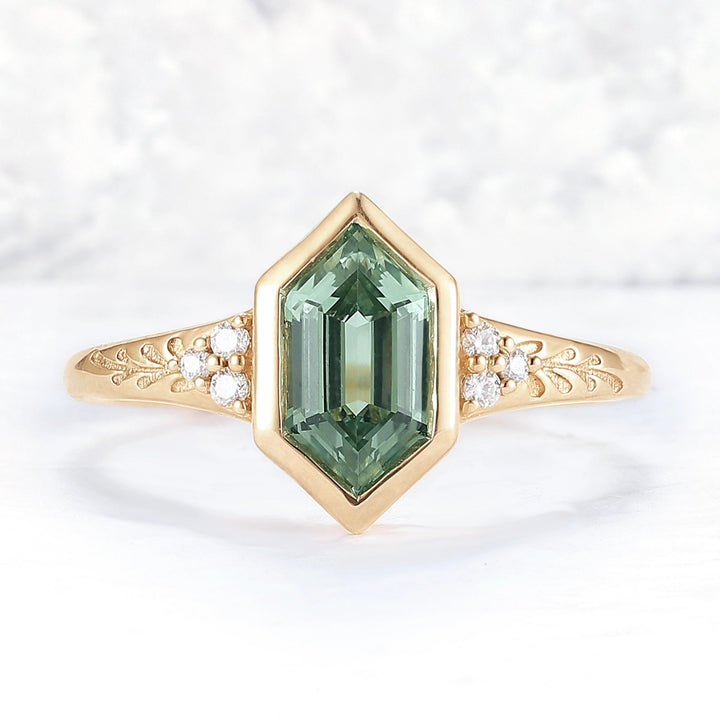 Cluster Hexagon Cut Green Sapphire Seven Gemstone Ring