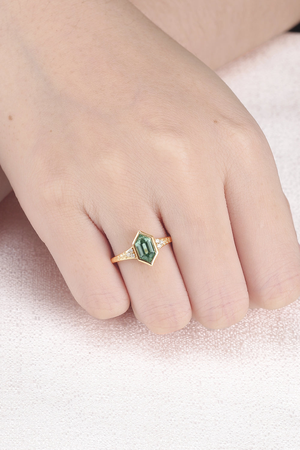 Cluster Hexagon Cut Green Sapphire Seven Gemstone Ring