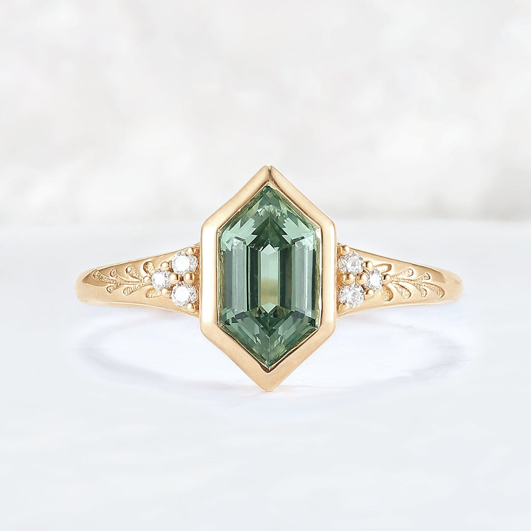 Cluster Hexagon Cut Green Sapphire Seven Gemstone Ring