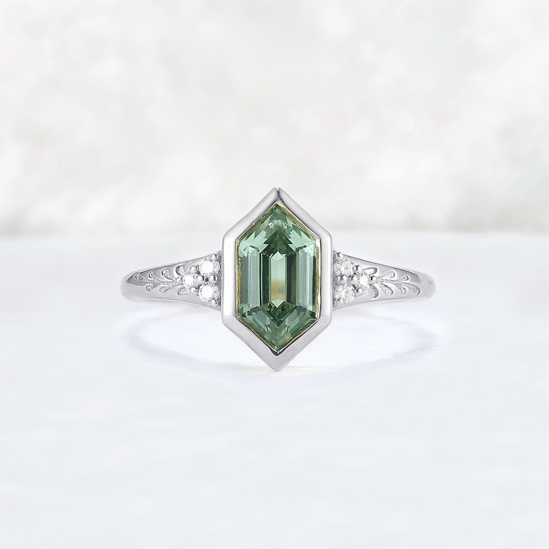 Cluster Hexagon Cut Green Sapphire Seven Gemstone Ring