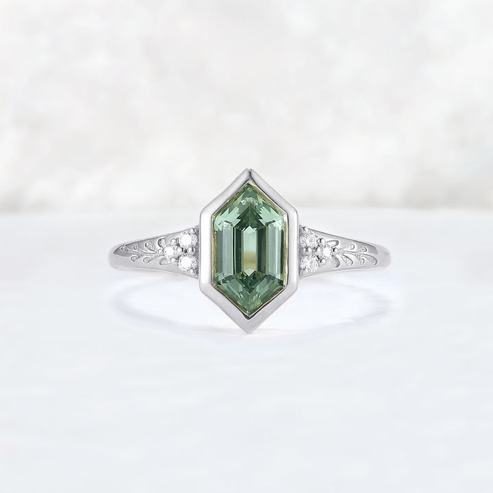 Cluster Hexagon Cut Green Sapphire Seven Gemstone Ring