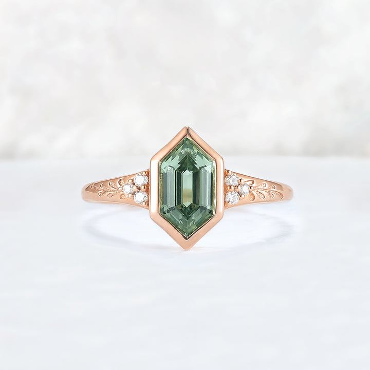 Cluster Hexagon Cut Green Sapphire Seven Gemstone Ring