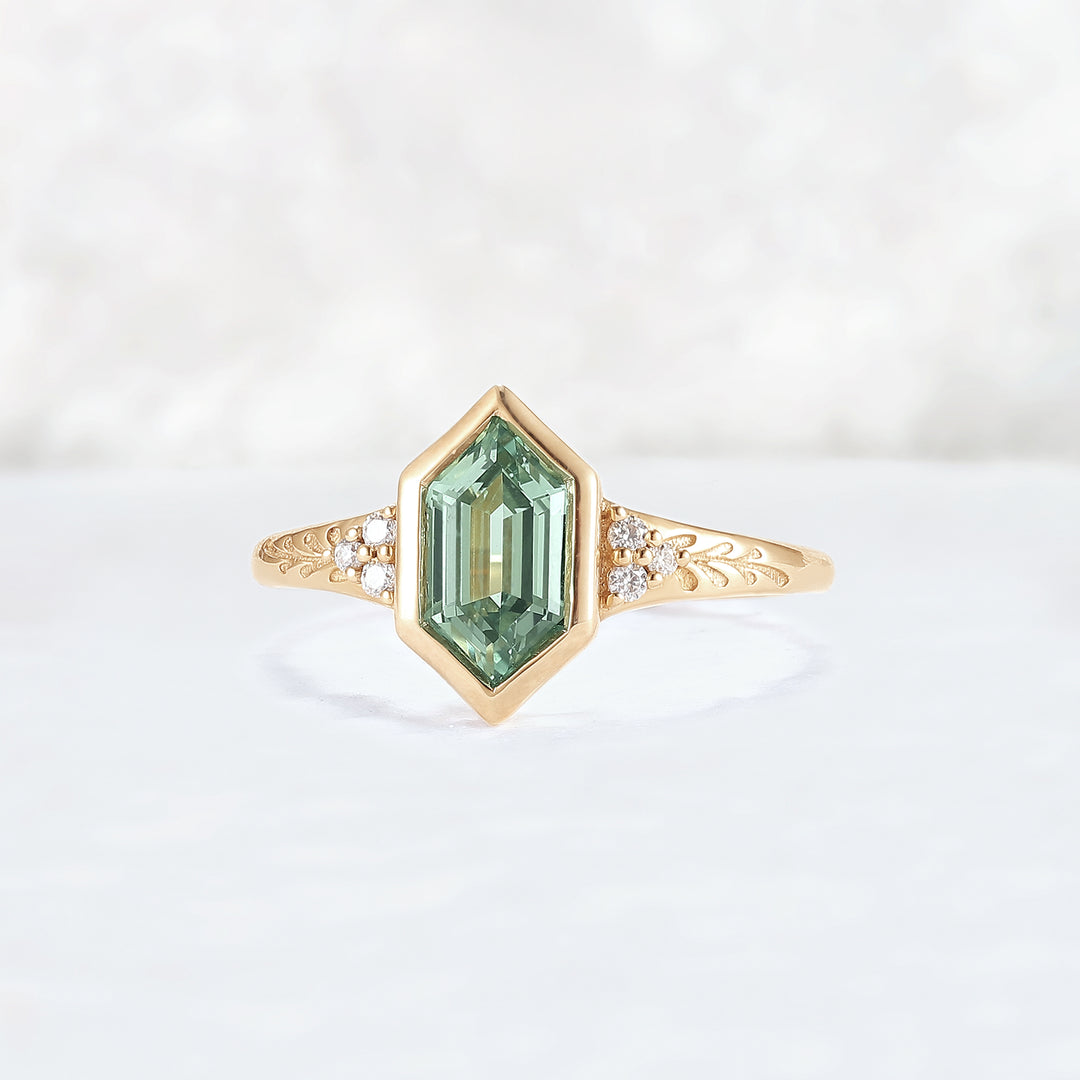 Cluster Hexagon Cut Green Sapphire Seven Gemstone Ring