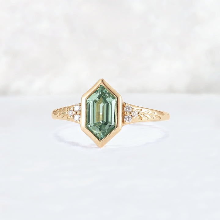 Cluster Hexagon Cut Green Sapphire Seven Gemstone Ring