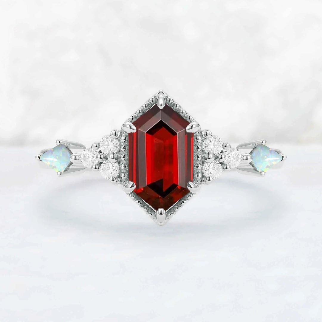 Cluster Hexagon Cut Lab Ruby Engagement Ring