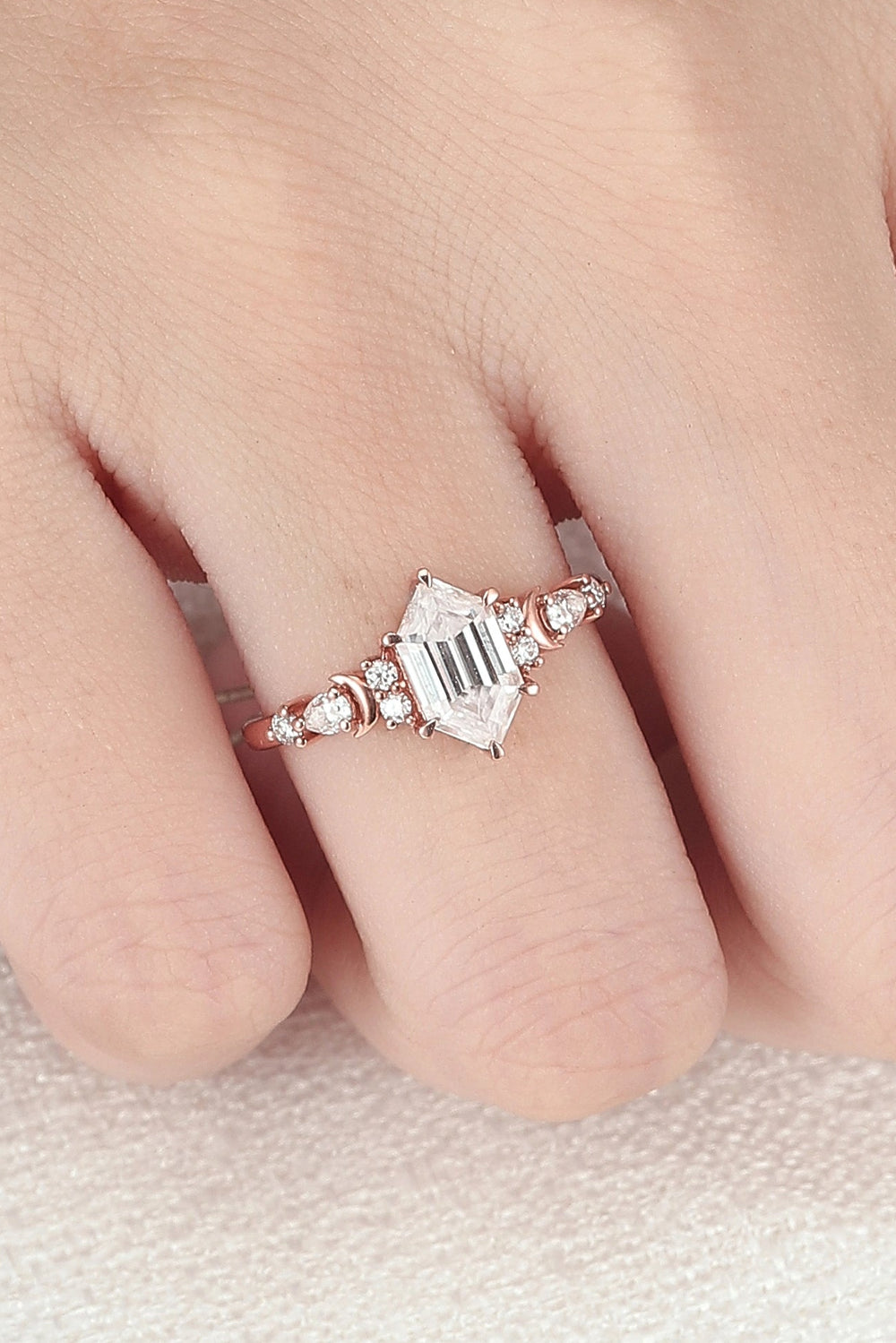 Cluster Hexagon Cut Moissanite Moon Gemstone Ring