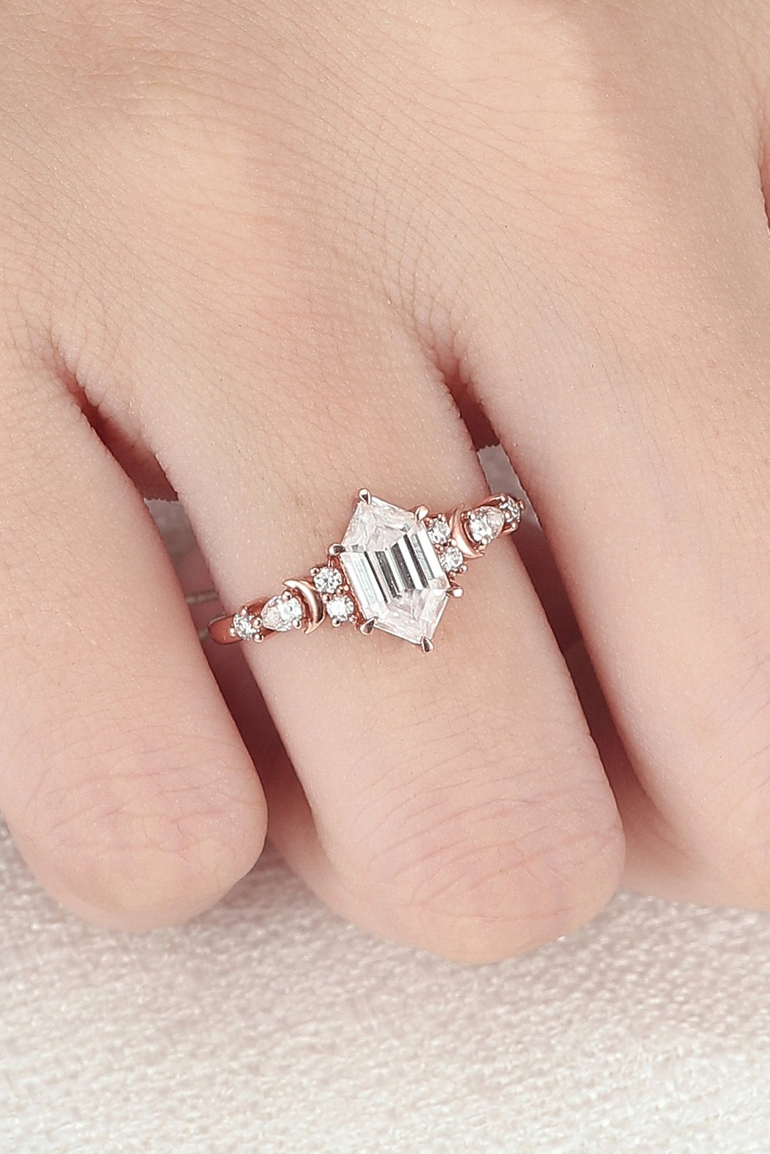 Cluster Hexagon Cut Moissanite Moon Gemstone Ring
